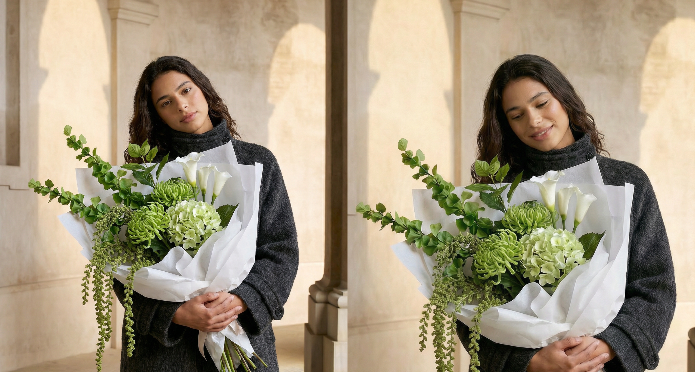 Kvinde i mørk frakke holder stor grøn og hvid buket realistiske kunstige blomster fra Bloomgaard, vist i to næsten ens vinkler