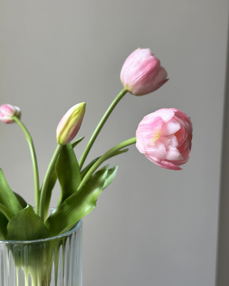 fem lyseroede tulipaner i en glasvase på en cement piedestal