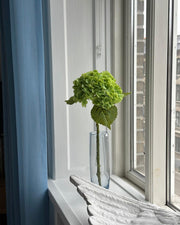 Grøn kunstig hortensia i en vase placeret i vindueskarm