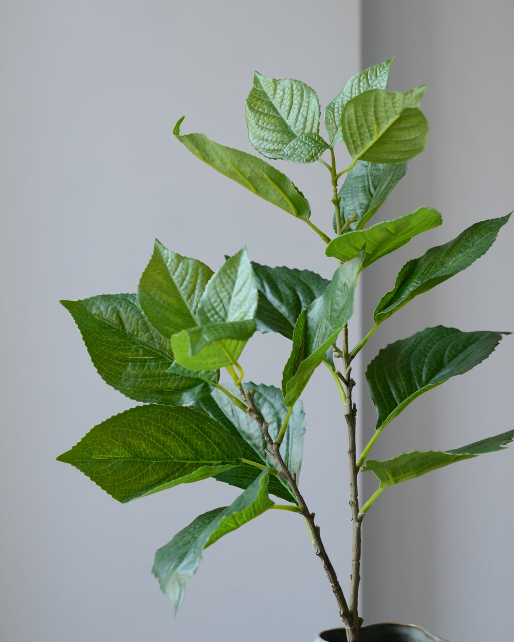 En smuk hortensiagren med bløde, strukturerede blade i en dybgrøn nuance, der tilfører fylde og farve til enhver blomstersammensætning. De naturtro åremønstre og den bløde overflade skaber et realistisk udtryk, der gør grenen perfekt som base i buketter. Den fleksible stilk gør det let at forme og tilpasse grenen til både høje og lave sammensætninger – alene eller sammen med andre kunstige blomster.

En essentiel grøn detalje, der tilfører balance, dybde og en naturlig elegance – uden nogen form for vedlige