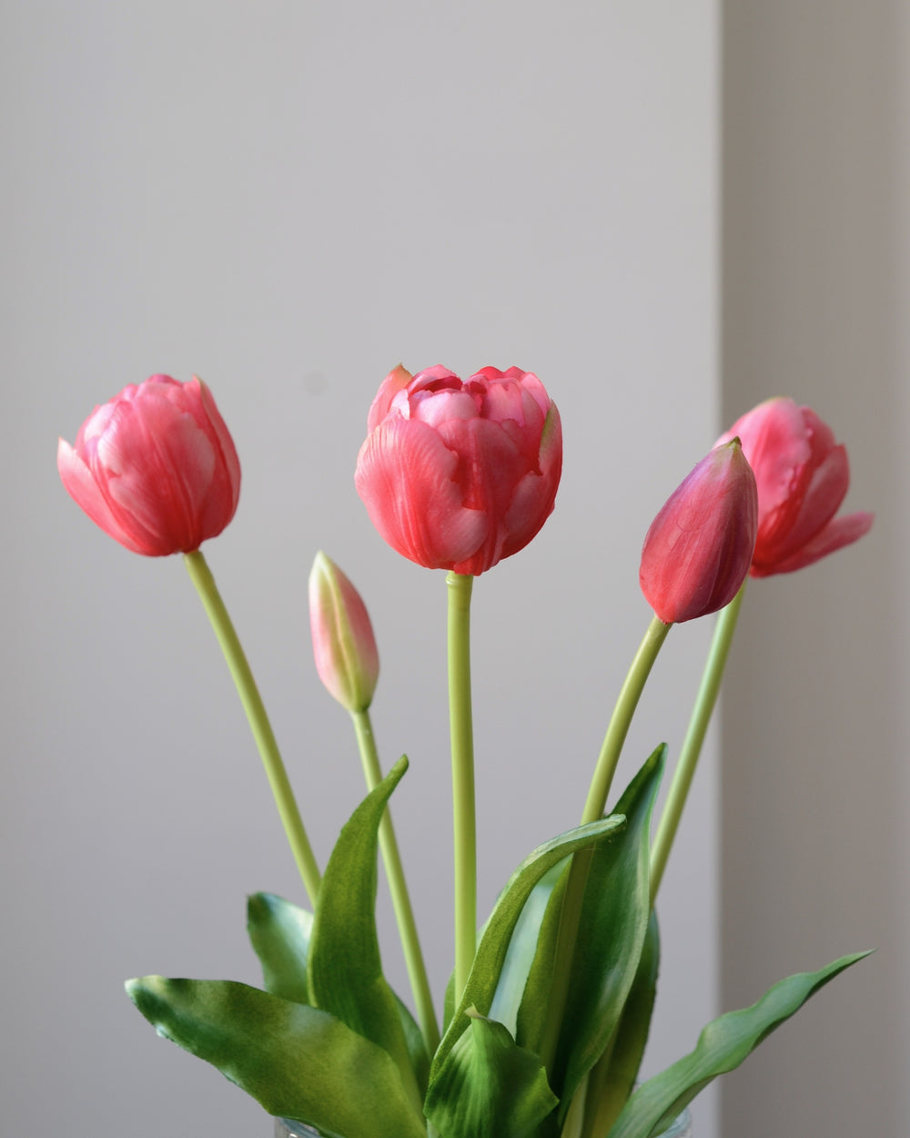 Tilføj feminin skønhed med vores naturtro tulipaner i pink. De fine, detaljerede kronblade i klare nuancer skaber en stilfuld stemning i enhver indretning.

Tulipanerne er designet med øje for realisme og skønhed – tre blomsterhoveder i fuldt flor og to elegante knopper giver buketten et naturligt og afbalanceret udtryk. De kræver hverken vand eller vedligehold, men står alligevel smukt dag efter dag.

Perfekt til dig, der ønsker at bringe et friskt, feminint pust ind i hjemmet, på kontoret eller som en gav