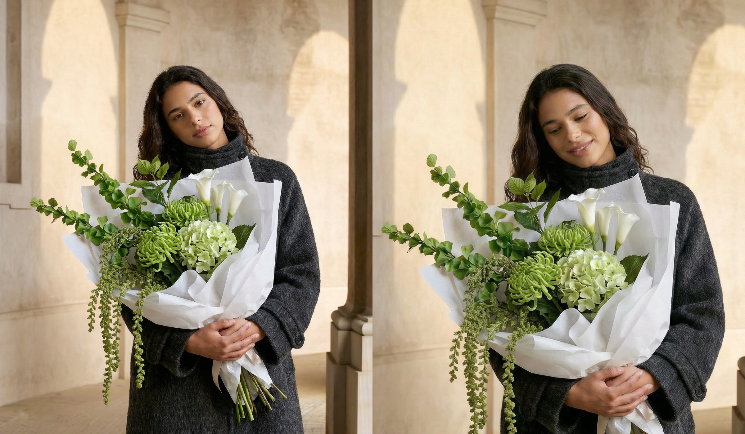 Kvinde i mørk frakke holder stor grøn og hvid buket realistiske kunstige blomster fra Bloomgaard, vist i to næsten ens vinkler