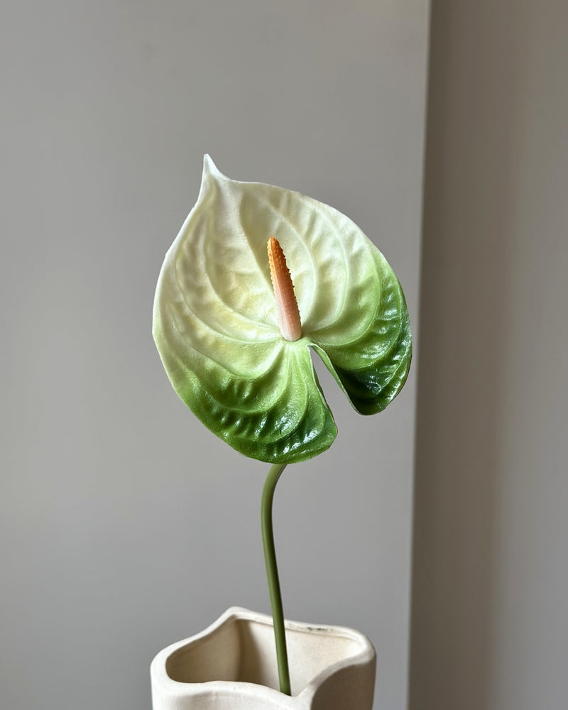 Hvid og groen kunstig anthurium blomsterstilk i en sandfarvet vase